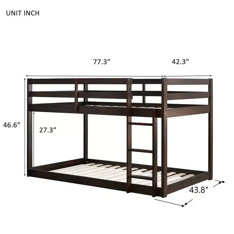 Litera doble de madera maciza con escalera, plataformas superior e inferior con listones reforzados, marrón