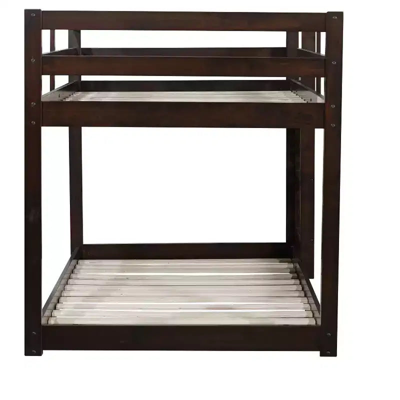 Litera doble de madera maciza con escalera, plataformas superior e inferior con listones reforzados, marrón