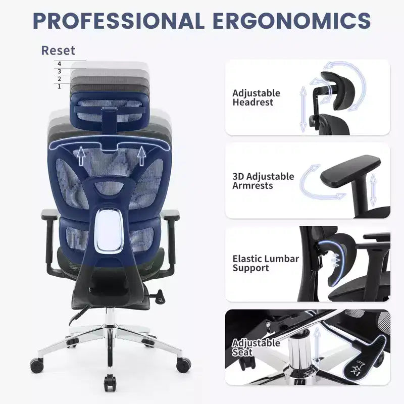 Silla de oficina ergonómica, silla de escritorio ergonómica de respaldo alto con soporte lumbar ajustable, silla de oficina en casa de malla, silla de juego con reposapiés