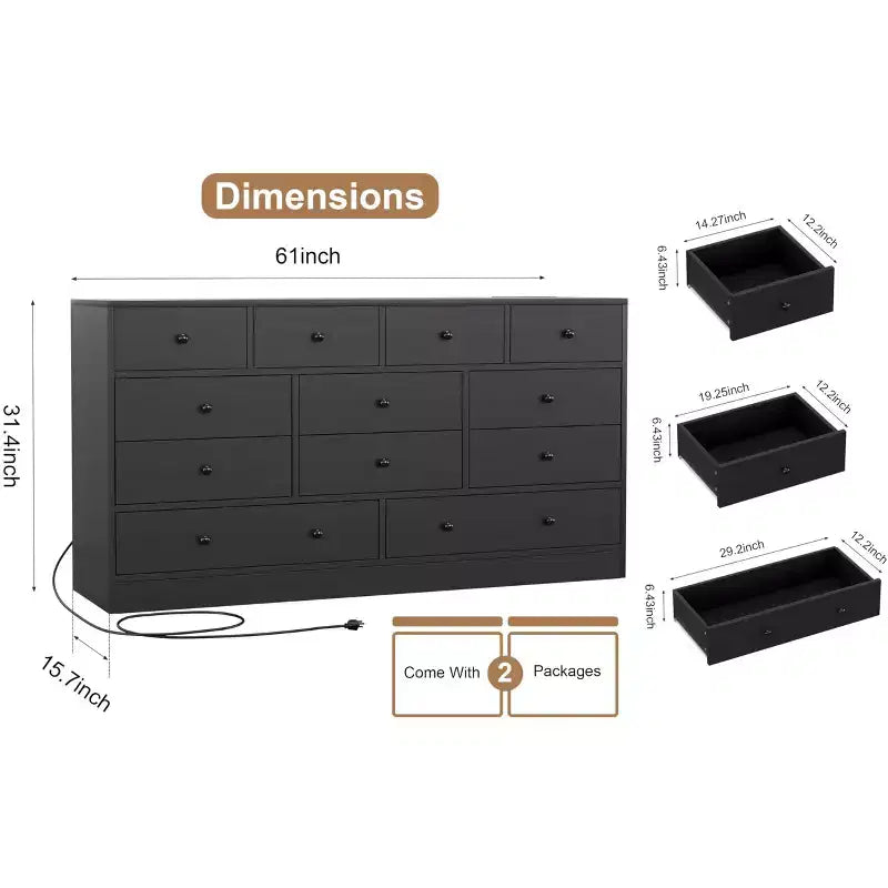 Cómoda de 12 cajones con toma de corriente, armario de almacenamiento de madera de 61" para dormitorio, armario o sala de estar