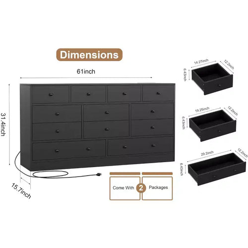 Cómoda de 12 cajones con toma de corriente, armario de almacenamiento de madera de 61" para dormitorio, armario o sala de estar