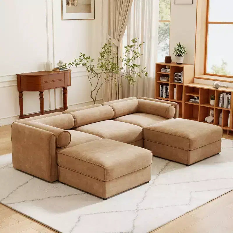 Sofá Elegante de Chenilla Blanca con Asiento de Almacenamiento y Otomana, en Forma de U de 3 Plazas con Respaldo y Apoyabrazos Cilíndricos