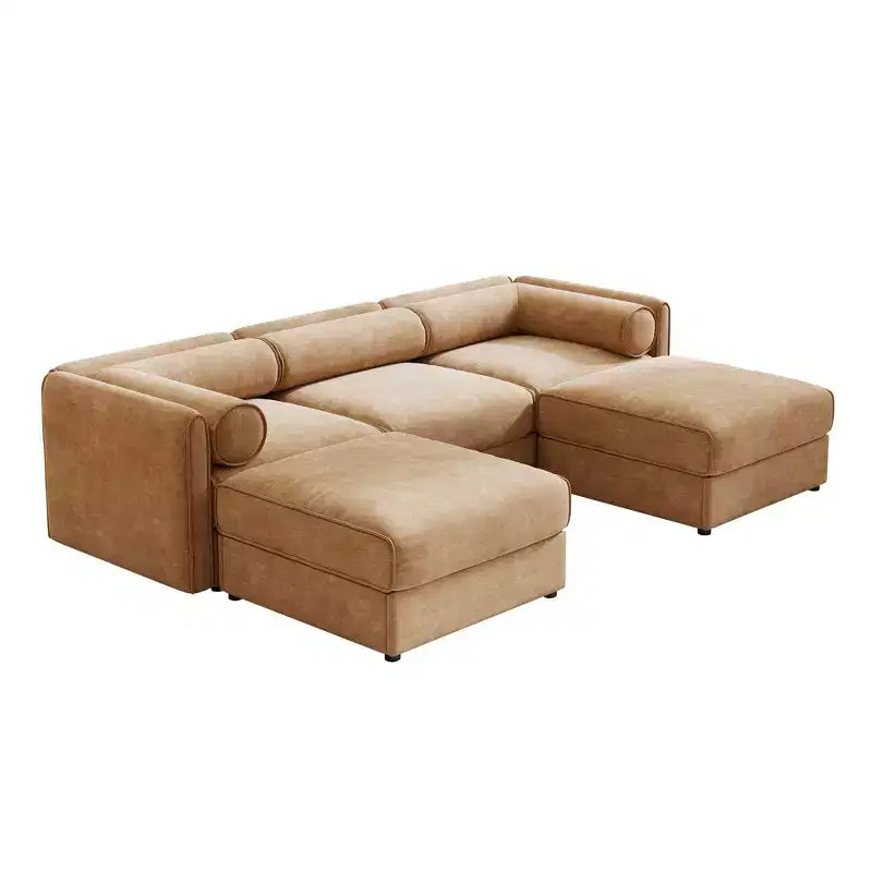 Sofá Elegante de Chenilla Blanca con Asiento de Almacenamiento y Otomana, en Forma de U de 3 Plazas con Respaldo y Apoyabrazos Cilíndricos