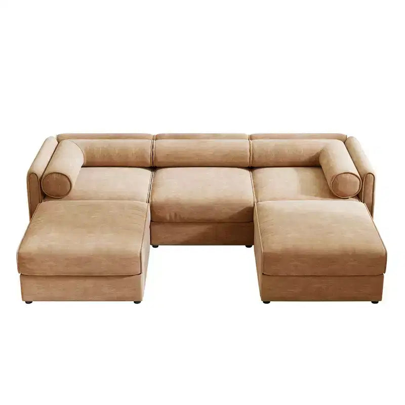 Sofá Elegante de Chenilla Blanca con Asiento de Almacenamiento y Otomana, en Forma de U de 3 Plazas con Respaldo y Apoyabrazos Cilíndricos
