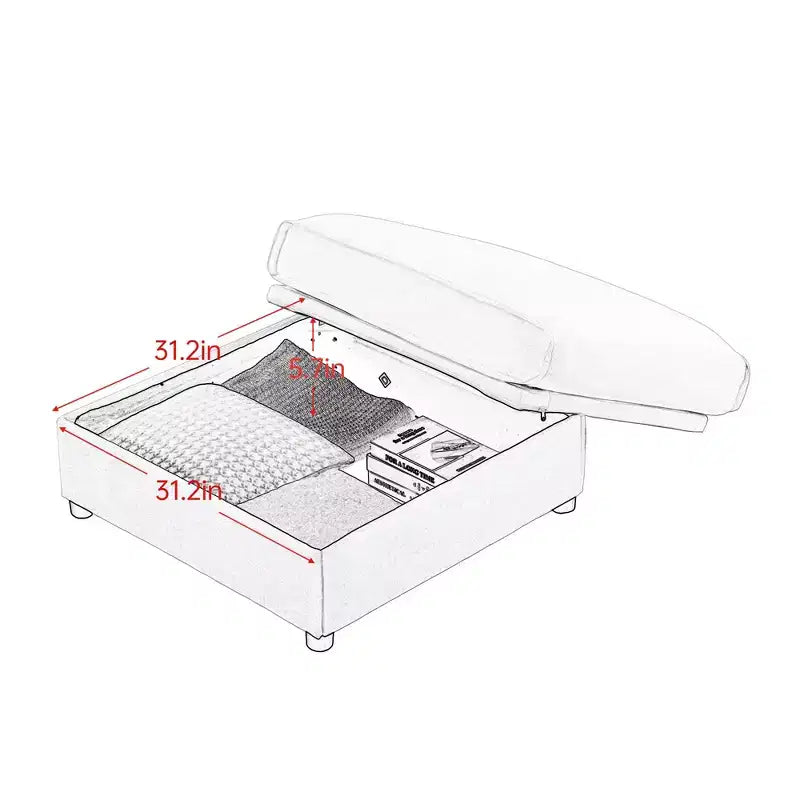 Sofá Elegante de Chenilla Blanca con Asiento de Almacenamiento y Otomana, en Forma de U de 3 Plazas con Respaldo y Apoyabrazos Cilíndricos