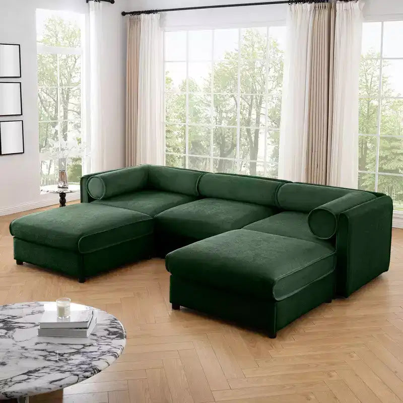 Sofá Elegante de Chenilla Blanca con Asiento de Almacenamiento y Otomana, en Forma de U de 3 Plazas con Respaldo y Apoyabrazos Cilíndricos