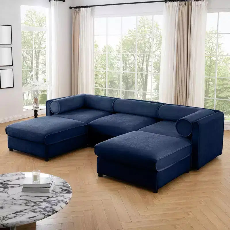Sofá Elegante de Chenilla Blanca con Asiento de Almacenamiento y Otomana, en Forma de U de 3 Plazas con Respaldo y Apoyabrazos Cilíndricos