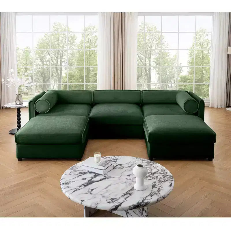 Sofá Elegante de Chenilla Blanca con Asiento de Almacenamiento y Otomana, en Forma de U de 3 Plazas con Respaldo y Apoyabrazos Cilíndricos