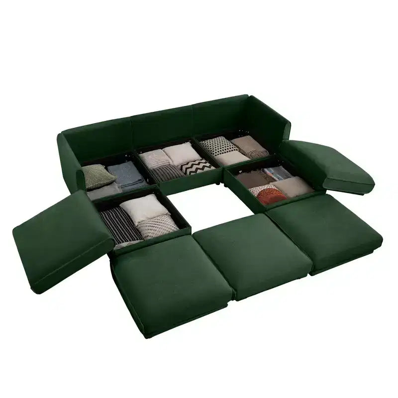 Sofá Elegante de Chenilla Blanca con Asiento de Almacenamiento y Otomana, en Forma de U de 3 Plazas con Respaldo y Apoyabrazos Cilíndricos