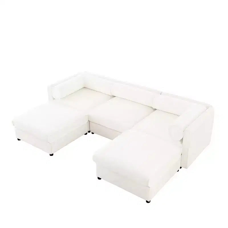 Sofá Elegante de Chenilla Blanca con Asiento de Almacenamiento y Otomana, en Forma de U de 3 Plazas con Respaldo y Apoyabrazos Cilíndricos
