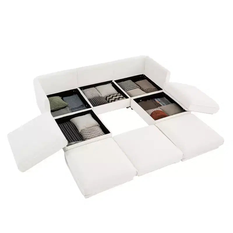 Sofá Elegante de Chenilla Blanca con Asiento de Almacenamiento y Otomana, en Forma de U de 3 Plazas con Respaldo y Apoyabrazos Cilíndricos