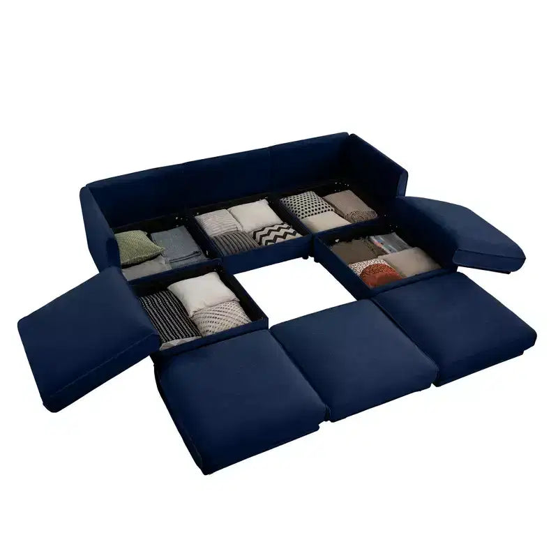Sofá Elegante de Chenilla Blanca con Asiento de Almacenamiento y Otomana, en Forma de U de 3 Plazas con Respaldo y Apoyabrazos Cilíndricos