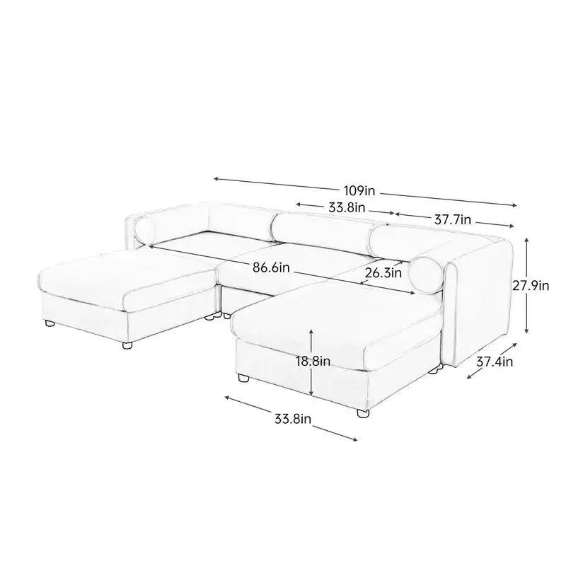 Sofá Elegante de Chenilla Blanca con Asiento de Almacenamiento y Otomana, en Forma de U de 3 Plazas con Respaldo y Apoyabrazos Cilíndricos