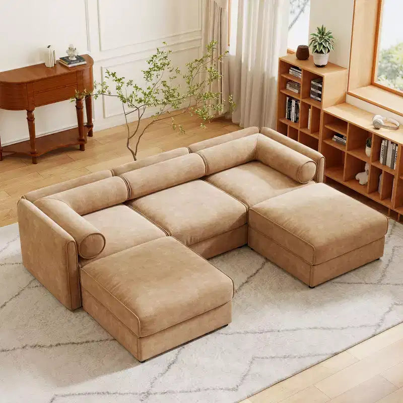 Sofá Elegante de Chenilla Blanca con Asiento de Almacenamiento y Otomana, en Forma de U de 3 Plazas con Respaldo y Apoyabrazos Cilíndricos