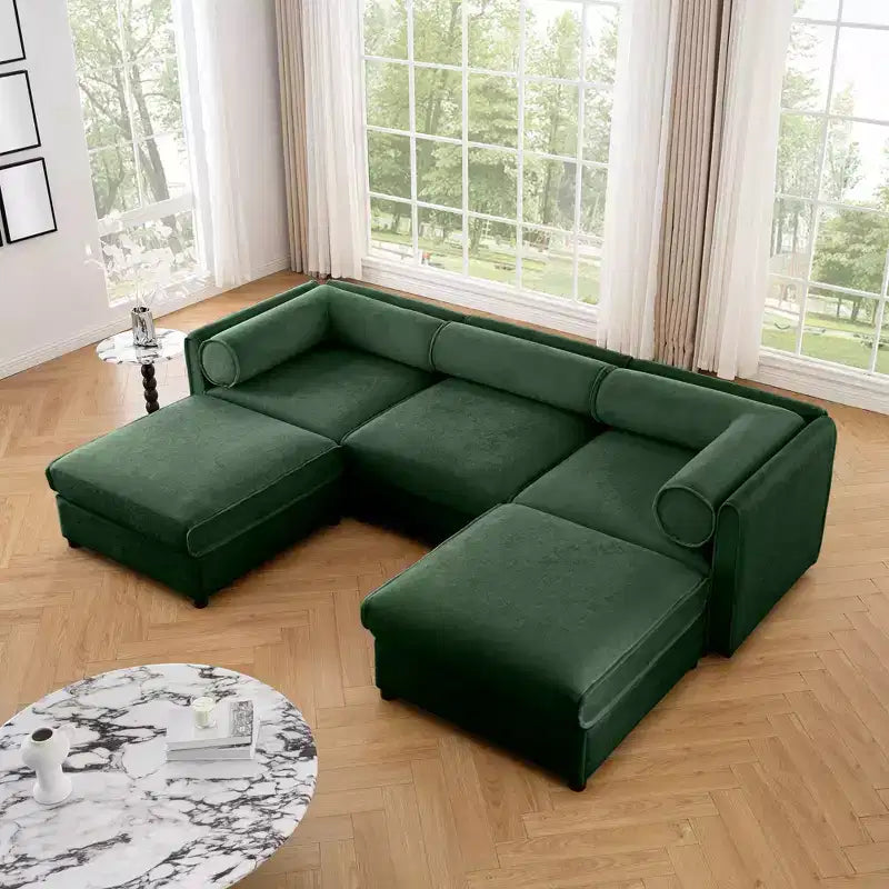 Sofá Elegante de Chenilla Blanca con Asiento de Almacenamiento y Otomana, en Forma de U de 3 Plazas con Respaldo y Apoyabrazos Cilíndricos