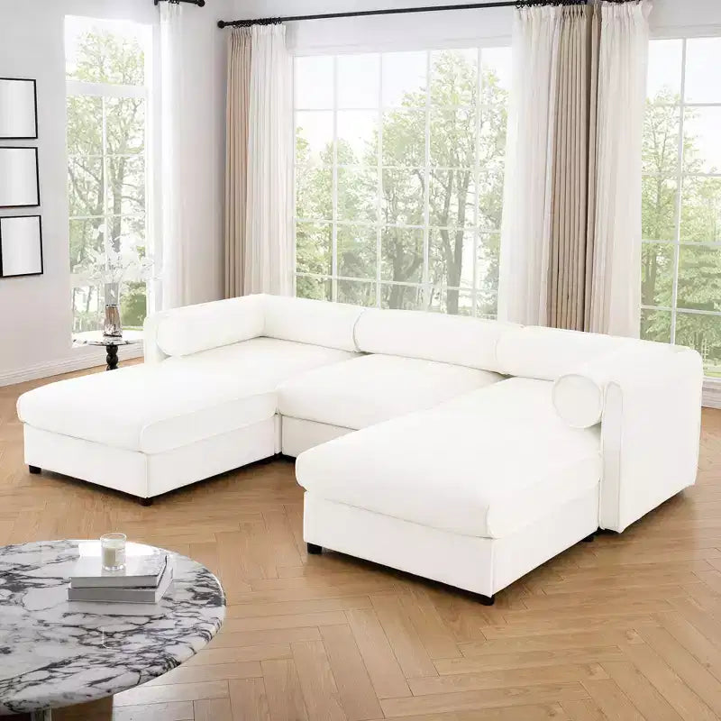 Sofá Elegante de Chenilla Blanca con Asiento de Almacenamiento y Otomana, en Forma de U de 3 Plazas con Respaldo y Apoyabrazos Cilíndricos