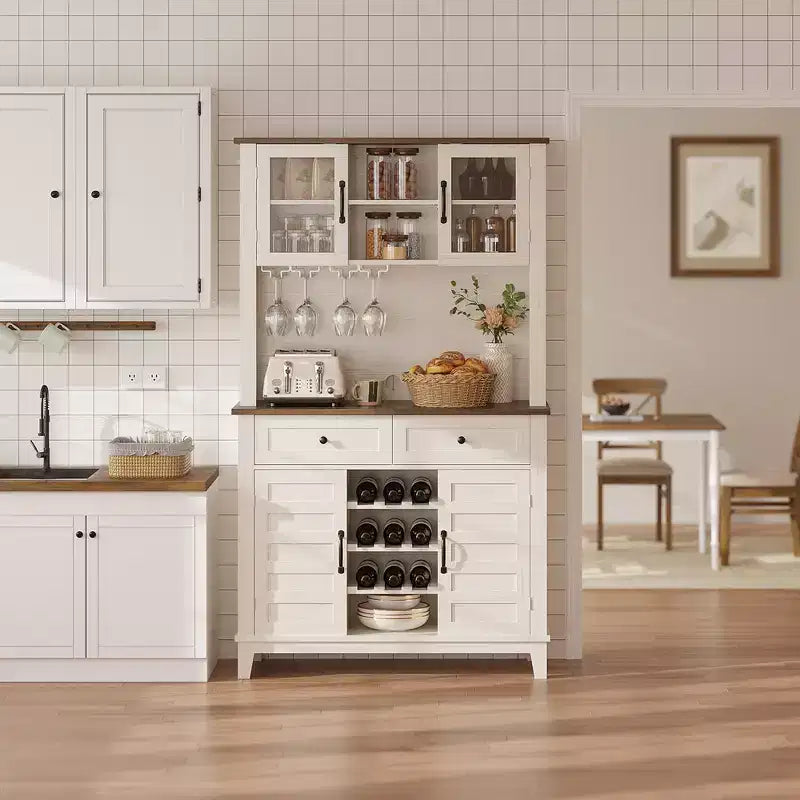 Mueble Despensa de Cocina de 72 Pulgadas de Alto con 4 Puertas y 2 Cajones, Botellero, Gran Almacenamiento de Cocina, Estante Ajustable, Barra de Café y Vino