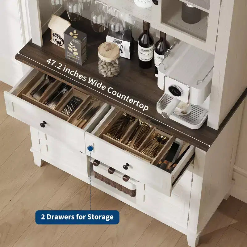 Mueble Despensa de Cocina de 72 Pulgadas de Alto con 4 Puertas y 2 Cajones, Botellero, Gran Almacenamiento de Cocina, Estante Ajustable, Barra de Café y Vino