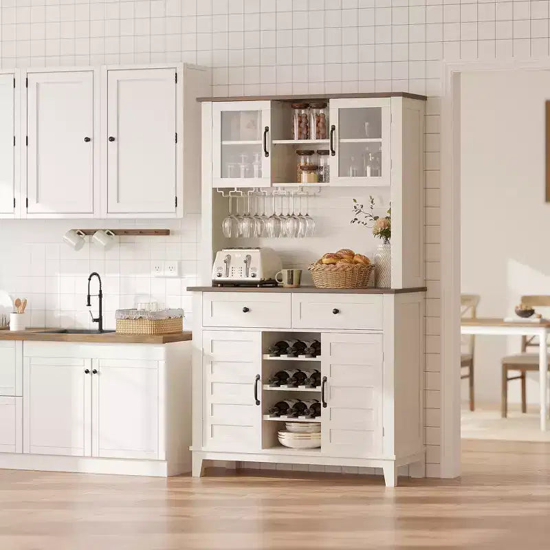 Mueble Despensa de Cocina de 72 Pulgadas de Alto con 4 Puertas y 2 Cajones, Botellero, Gran Almacenamiento de Cocina, Estante Ajustable, Barra de Café y Vino