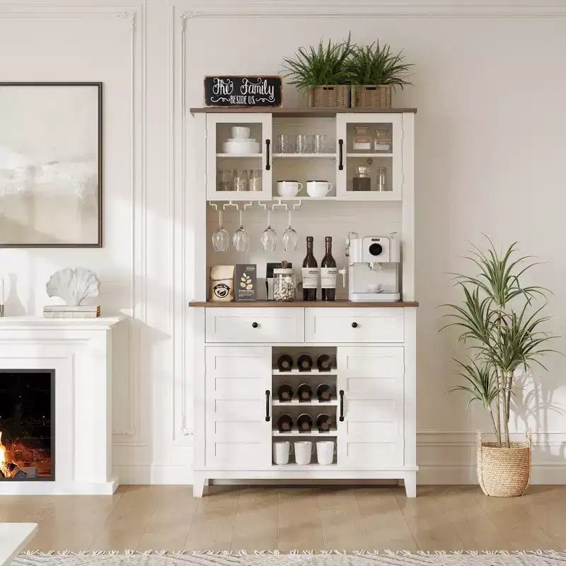 Mueble Despensa de Cocina de 72 Pulgadas de Alto con 4 Puertas y 2 Cajones, Botellero, Gran Almacenamiento de Cocina, Estante Ajustable, Barra de Café y Vino