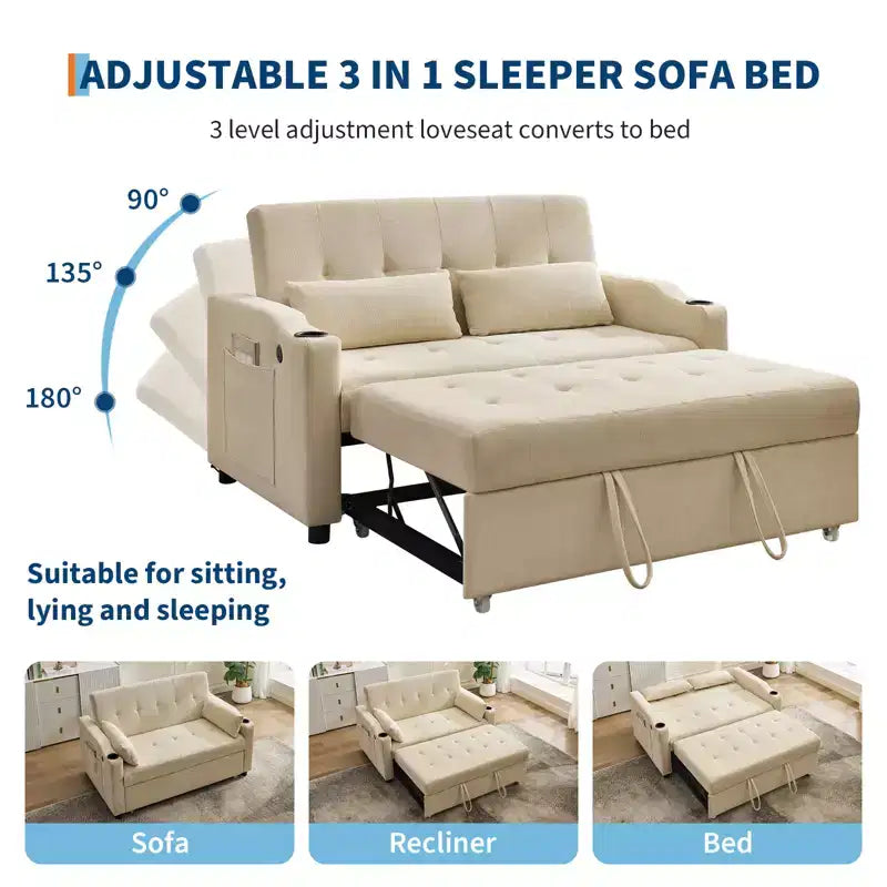 Sofá cama convertible 3 en 1, sofás de pana con cama extraíble, respaldo ajustable, puerto de carga, sofá moderno para sala de estar