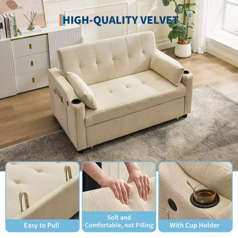 Sofá cama convertible 3 en 1, sofás de pana con cama extraíble, respaldo ajustable, puerto de carga, sofá moderno para sala de estar