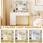 Tocador Blanco con Espejo Iluminado LED y Toma de Corriente, 3 Colores de Iluminación para Dormitorio