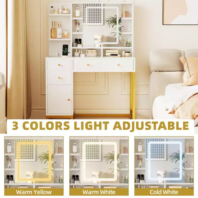 Tocador Blanco con Espejo Iluminado LED y Toma de Corriente, 3 Colores de Iluminación para Dormitorio