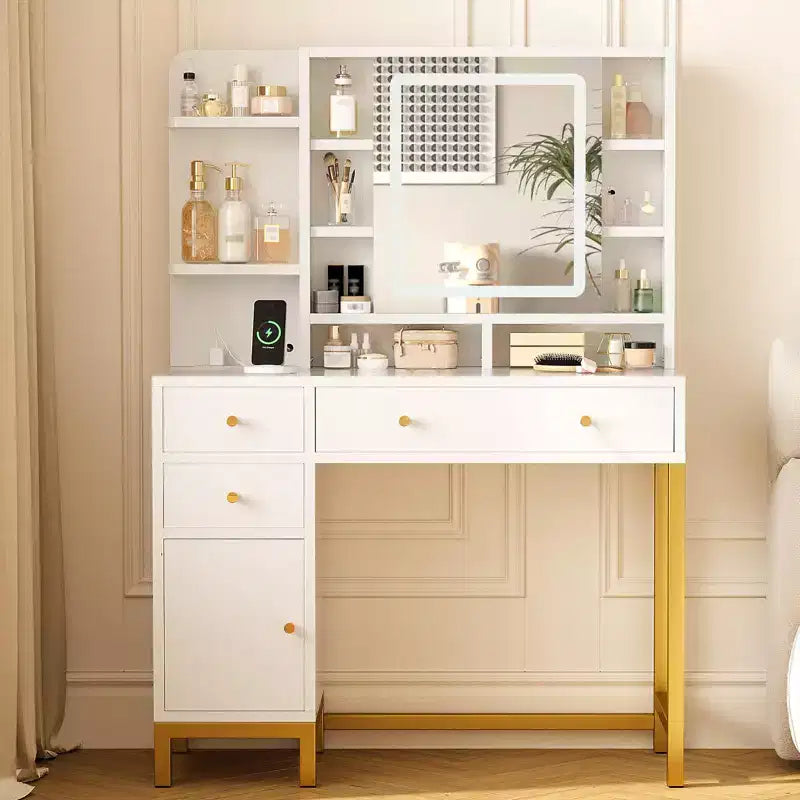 Tocador Blanco con Espejo Iluminado LED y Toma de Corriente, 3 Colores de Iluminación para Dormitorio