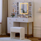Tocador Blanco con Espejo Iluminado LED y Toma de Corriente, 3 Colores de Iluminación para Dormitorio