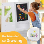Taburete de madera para niños pequeños, torre de aprendizaje blanca para niños pequeños con pizarra y pizarrón blanco