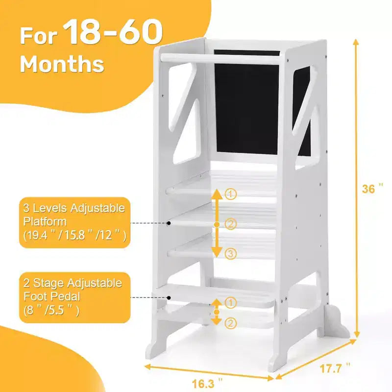 Taburete de madera para niños pequeños, torre de aprendizaje blanca para niños pequeños con pizarra y pizarrón blanco