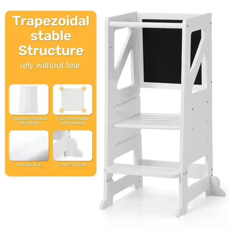 Taburete de madera para niños pequeños, torre de aprendizaje blanca para niños pequeños con pizarra y pizarrón blanco