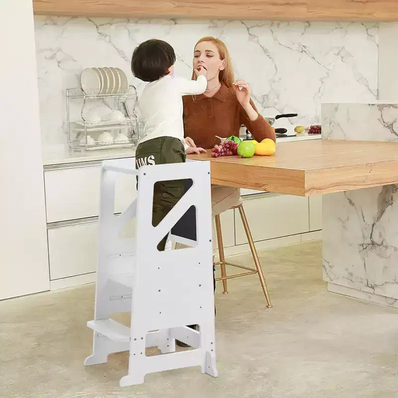 Taburete de madera para niños pequeños, torre de aprendizaje blanca para niños pequeños con pizarra y pizarrón blanco