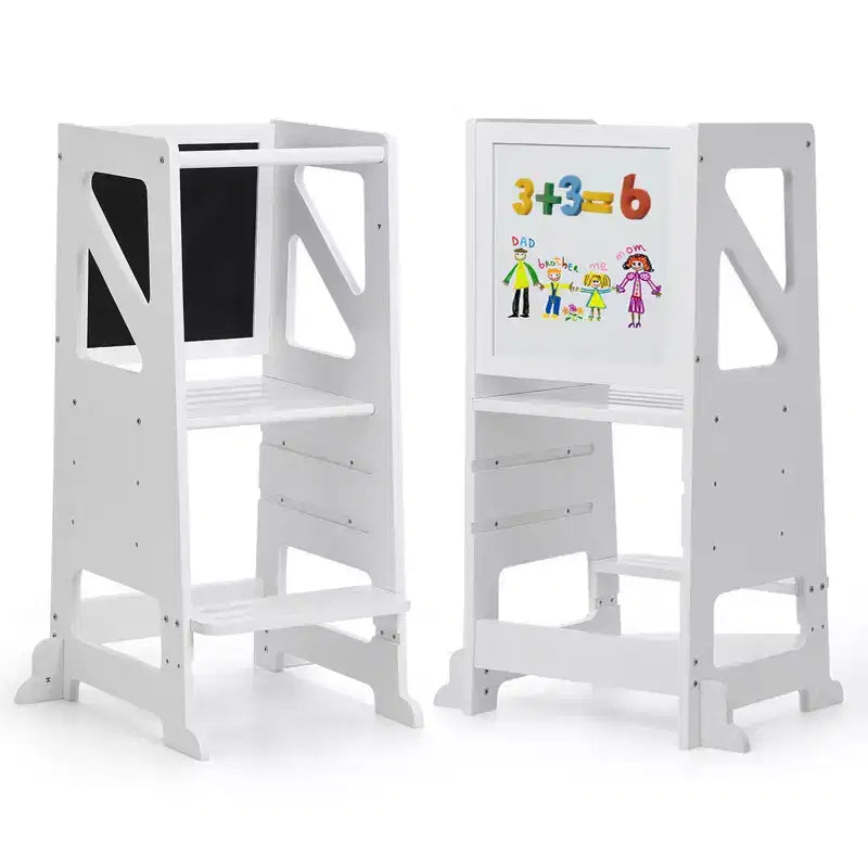 Taburete de madera para niños pequeños, torre de aprendizaje blanca para niños pequeños con pizarra y pizarrón blanco