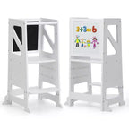 Taburete de madera para niños pequeños, torre de aprendizaje blanca para niños pequeños con pizarra y pizarrón blanco