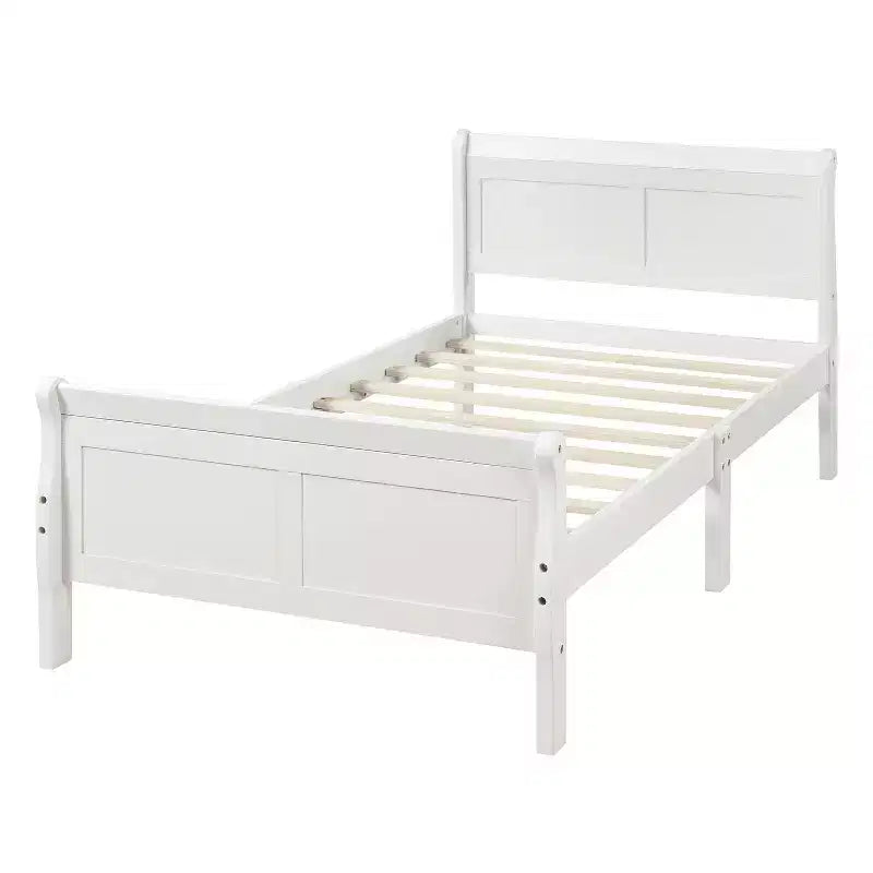 Base de cama de plataforma doble de madera con cabecero, piecero y soporte de listones de madera