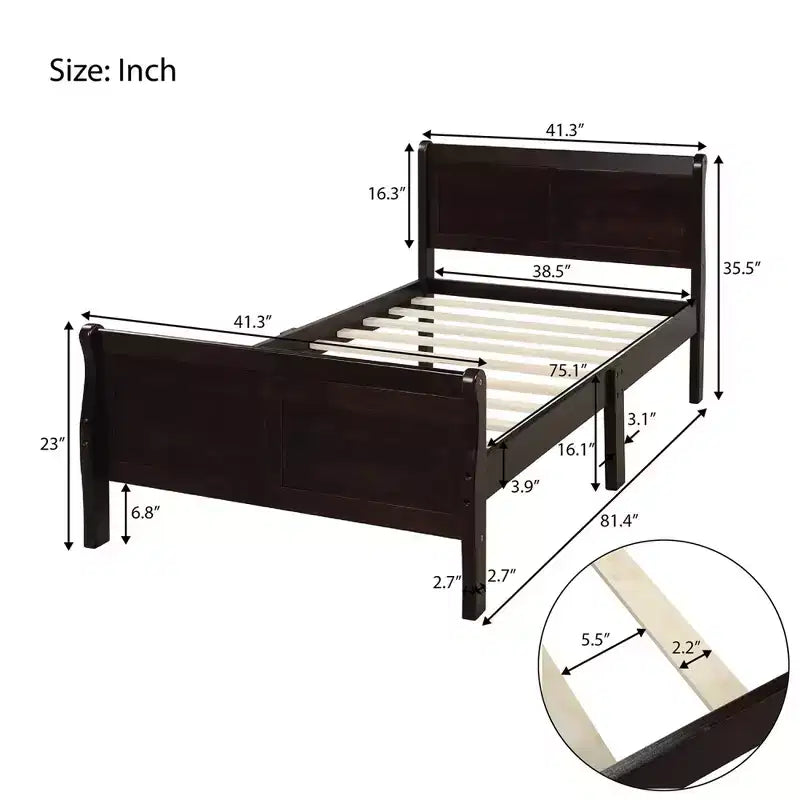 Base de cama de plataforma doble de madera con cabecero, piecero y soporte de listones de madera