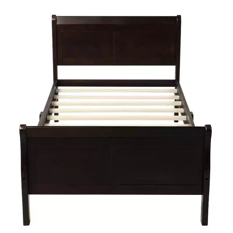 Base de cama de plataforma doble de madera con cabecero, piecero y soporte de listones de madera