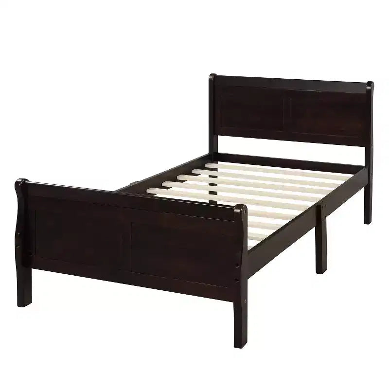 Base de cama de plataforma doble de madera con cabecero, piecero y soporte de listones de madera