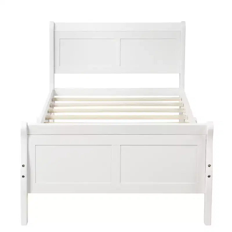 Base de cama de plataforma doble de madera con cabecero, piecero y soporte de listones de madera