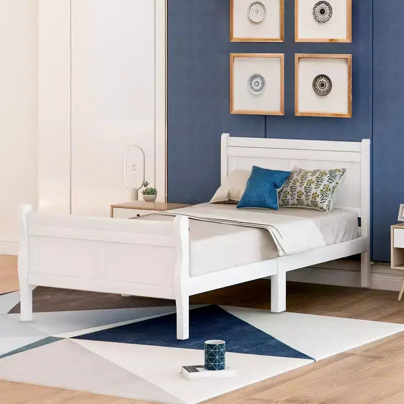 Base de cama de plataforma doble de madera con cabecero, piecero y soporte de listones de madera