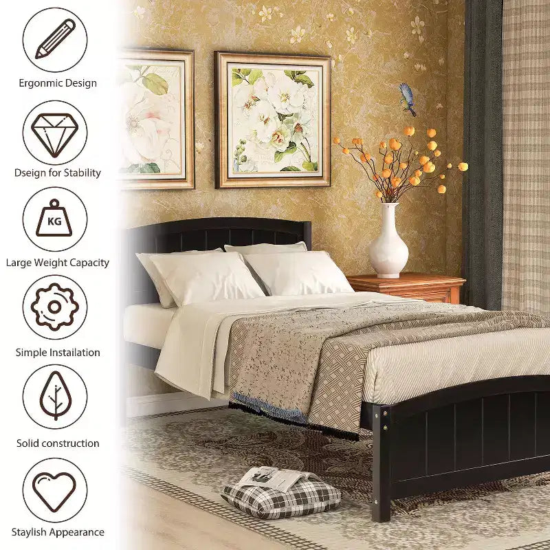 Cama de plataforma doble de madera con cabecero, piecero y soporte de listones de madera, color espresso