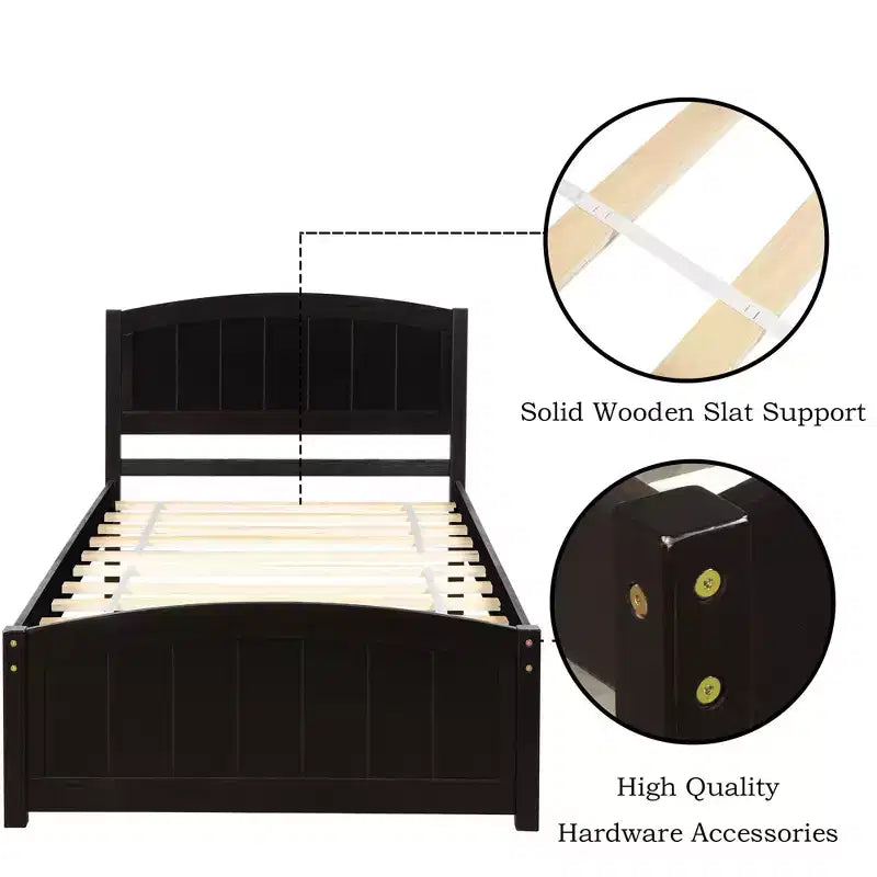Cama de plataforma doble de madera con cabecero, piecero y soporte de listones de madera, color espresso