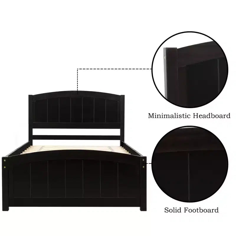 Cama de plataforma doble de madera con cabecero, piecero y soporte de listones de madera, color espresso