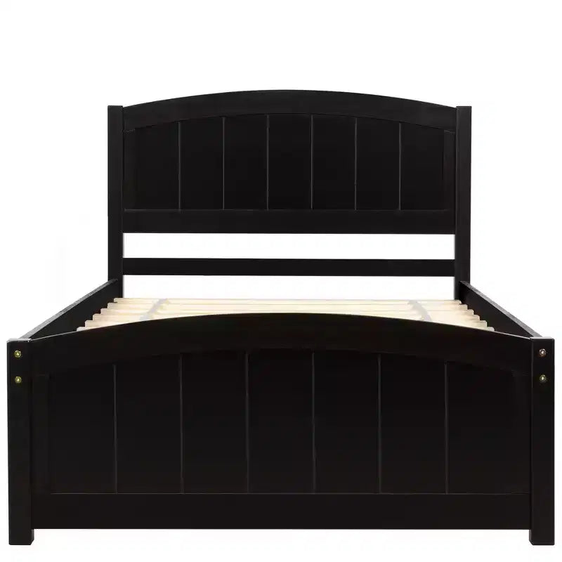 Cama de plataforma doble de madera con cabecero, piecero y soporte de listones de madera, color espresso