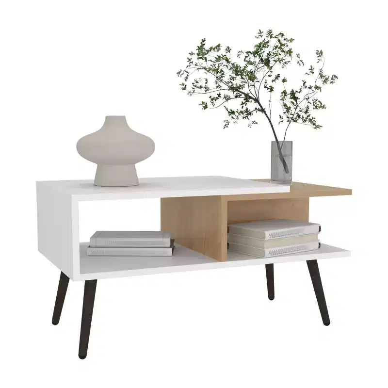 Mesa de centro escandinava con 2 estantes y 4 patas, blanco y roble natural