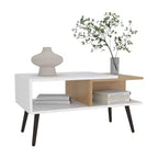 Mesa de centro escandinava con 2 estantes y 4 patas, blanco y roble natural