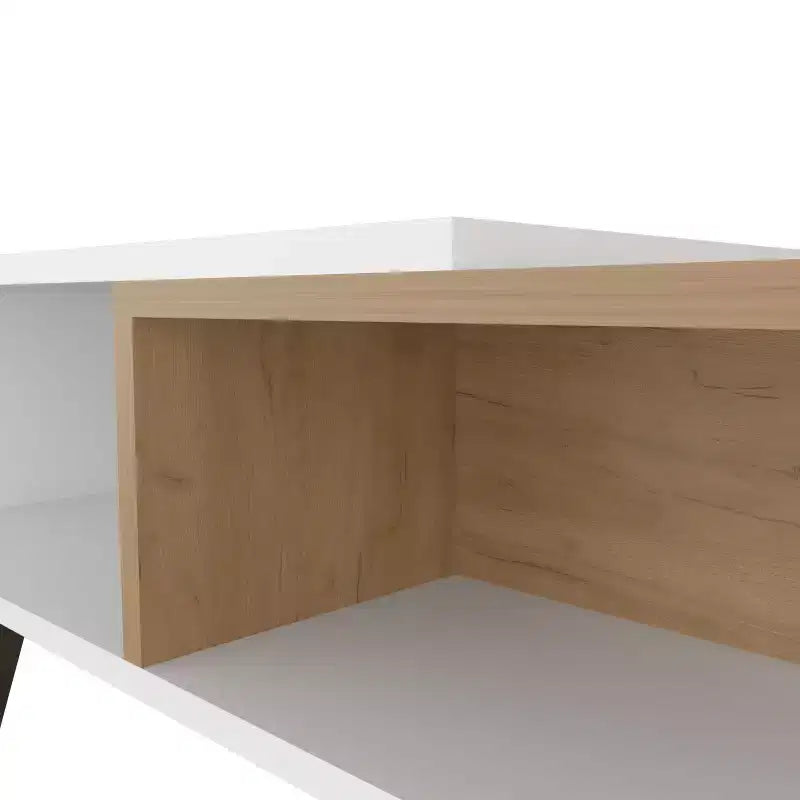 Mesa de centro escandinava con 2 estantes y 4 patas, blanco y roble natural