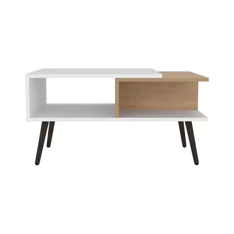 Mesa de centro escandinava con 2 estantes y 4 patas, blanco y roble natural